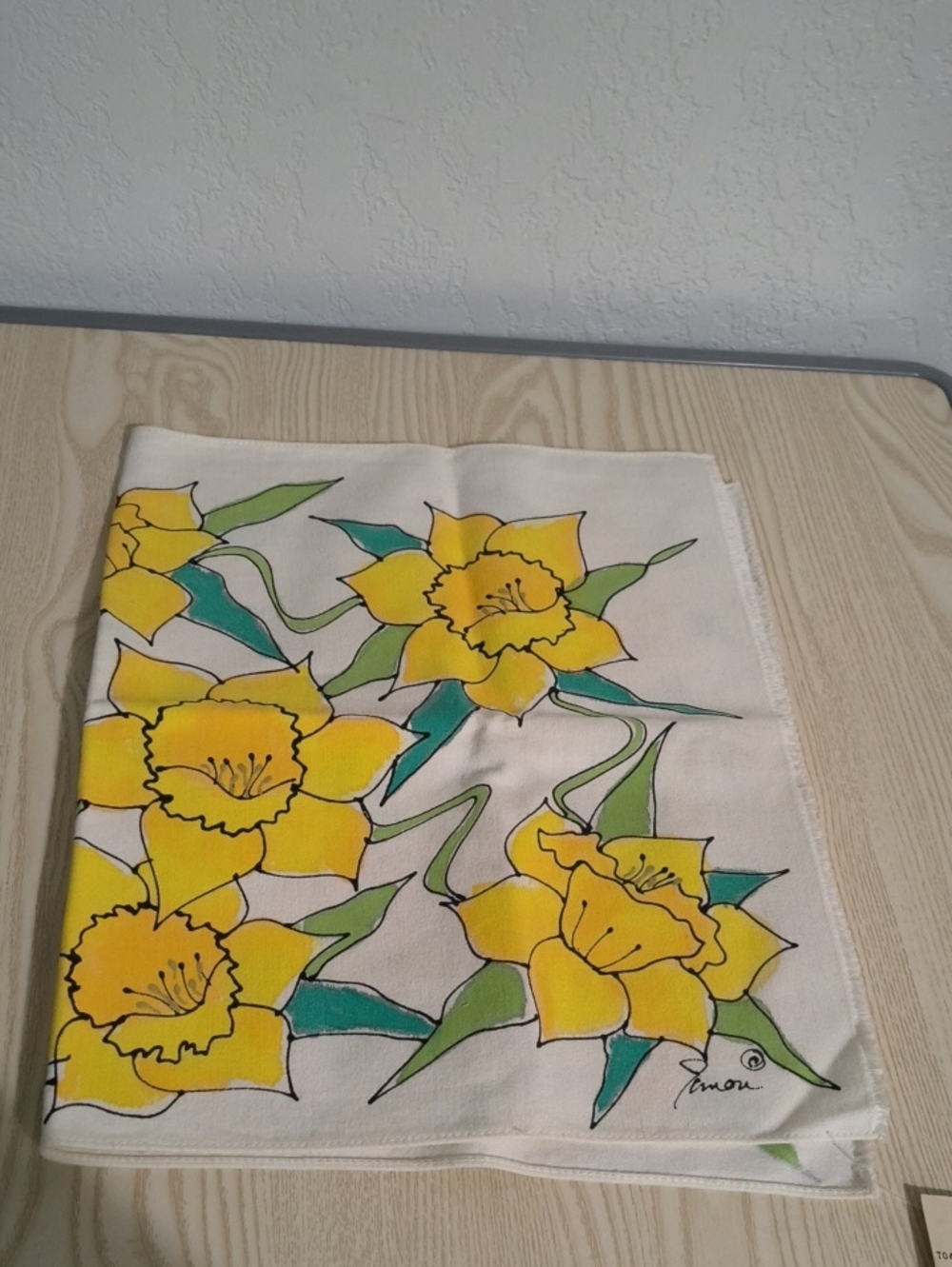 Vintage Handmade Yellow Daffodil Floral Design On Cotton Material